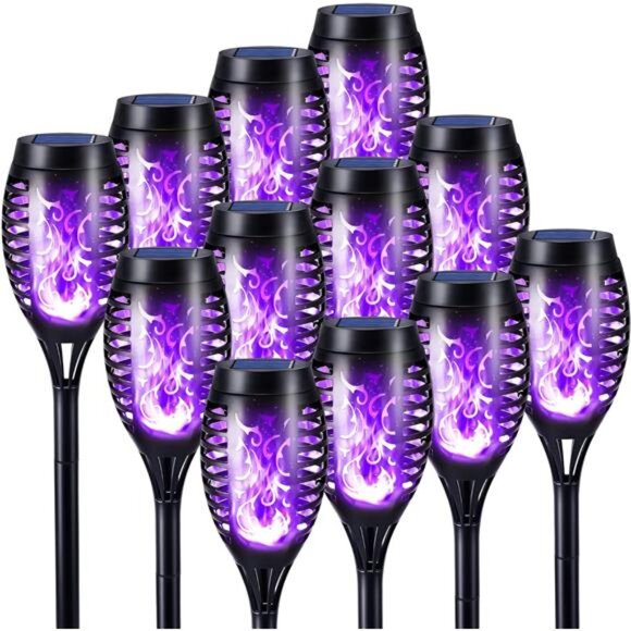 Purple Solar Halloween Lights, 12 Pack Solar Torch Lights with Flickering Flame